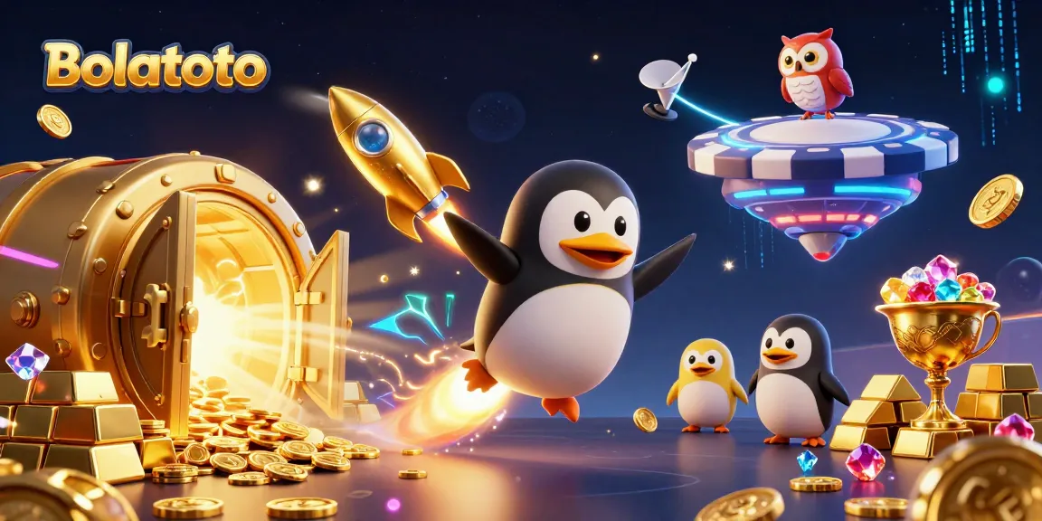 Experience the thrill of Bolatoto with a golden penguin spaceship and dazzling casino treasures.