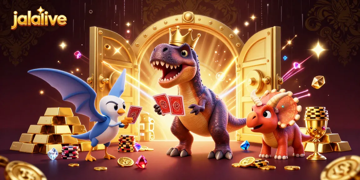 Experience the excitement of jalalive as a T-Rex shuffles cards and chips in a vibrant casino scene.